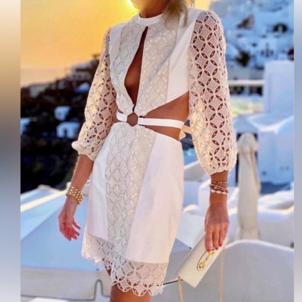 Elegant White Lace Cutout Long Sleeve Dress